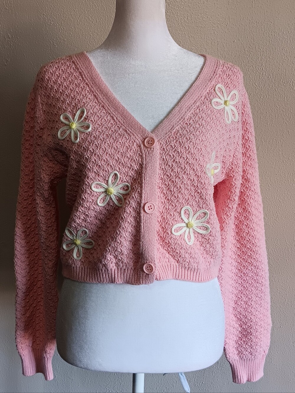 Coquette Cropped Pink 3D Flower Textured Button Up Cardigan Sweater Medium